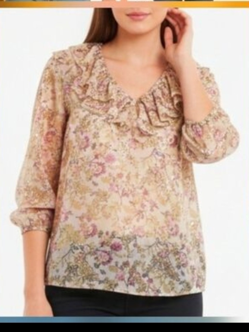 LOFT Cream Floral Ruffle V-Neck Blouse with Pink Accents